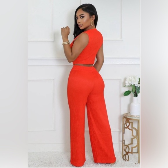 Tomato Red Two Piece Sleeveless Crop Top Pants Set - Picture 4 of 9